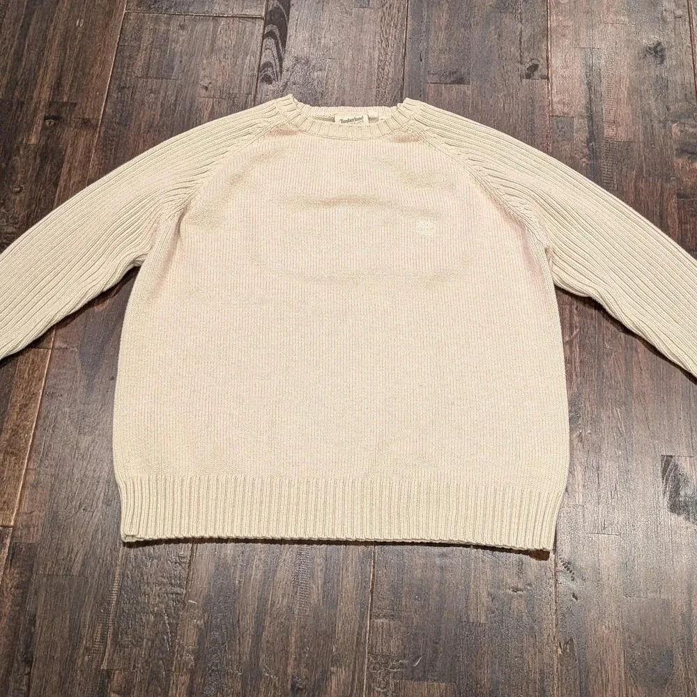 Timberland Sweater Mens XL Fits L Beige Cream Cotton Raglan‎ Ribbed Crewneck Y2K